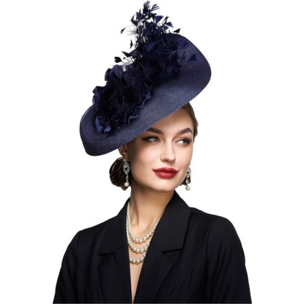 HOT TEA Party Fascinator Kentucky Derby Hat Navy Blue